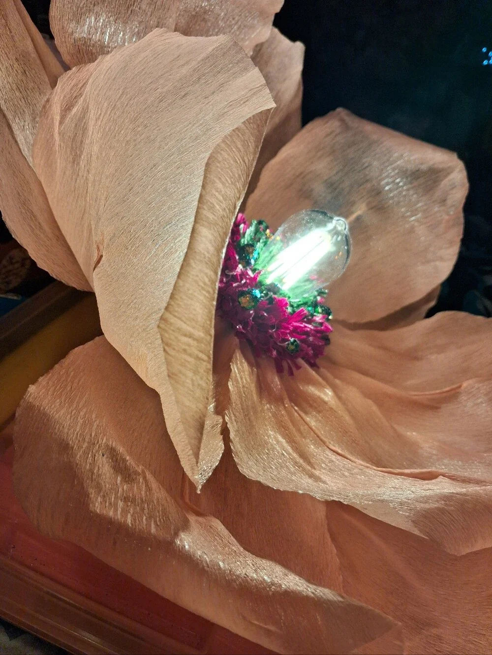 Handcrafted Large Peach Italian Crepe Paper Flower Hanging Lamp, LED